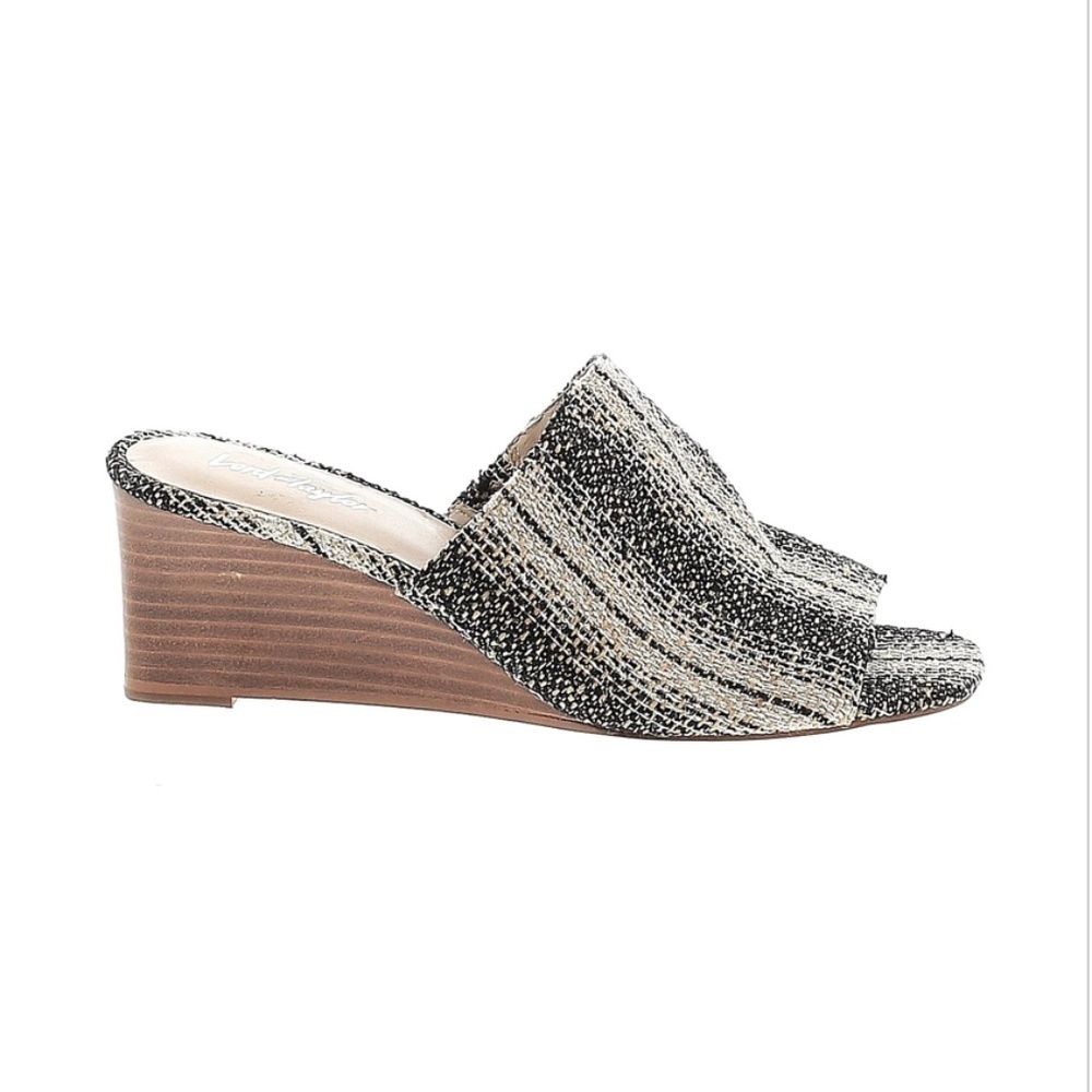 Lord & Taylor Women's Black Cream Striped Fabric Slides Wedge Mules Size 6.5